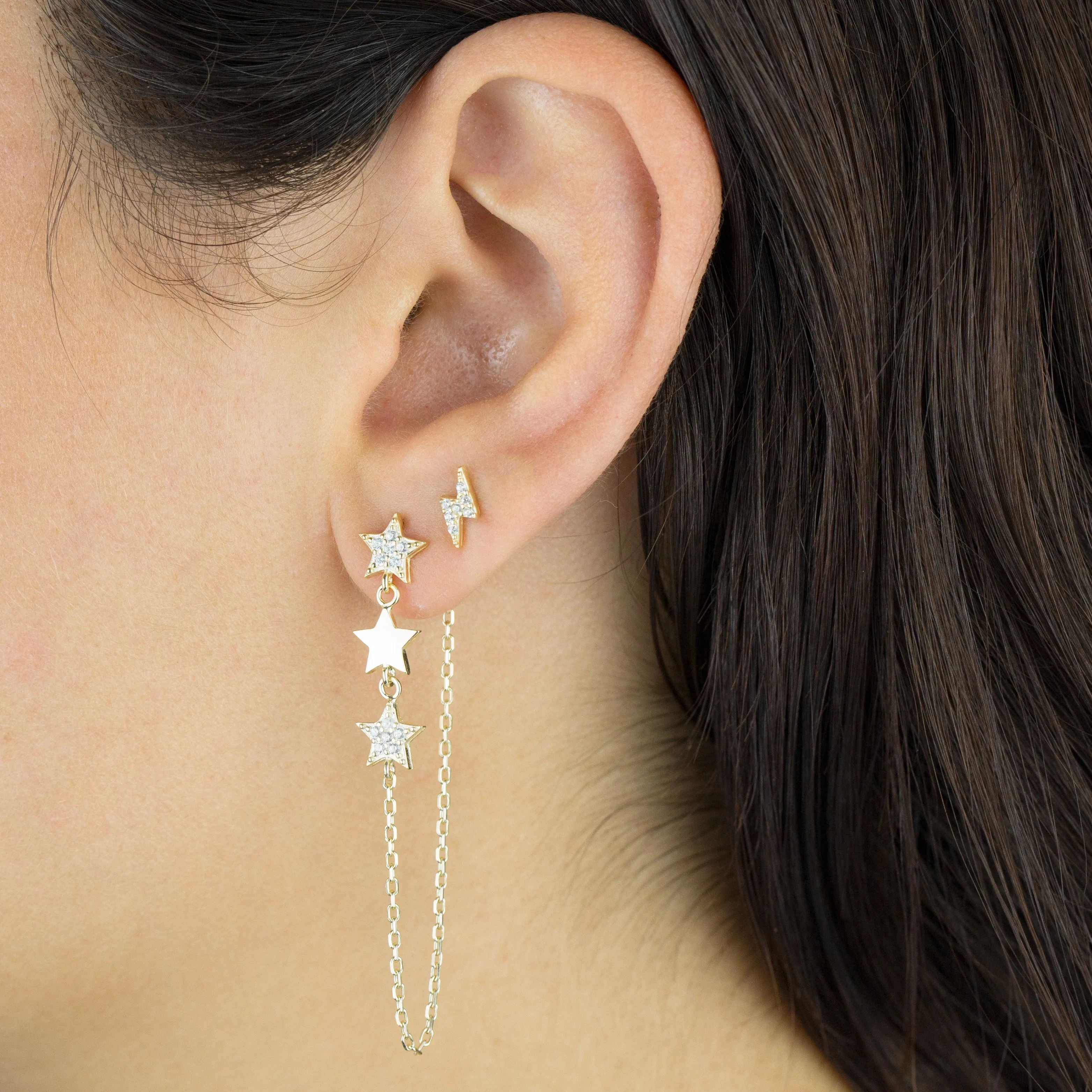 Triple Star Chain Drop Stud Earring