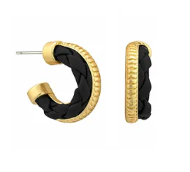 Twist Leather & Metal Hoops in Black