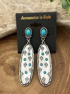 Vega Roped Stone Post Stamped Oval Drop Earrings - Turquoise