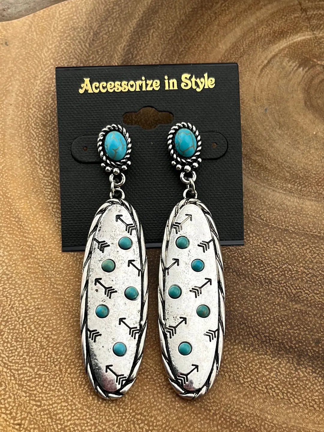 Vega Roped Stone Post Stamped Oval Drop Earrings - Turquoise