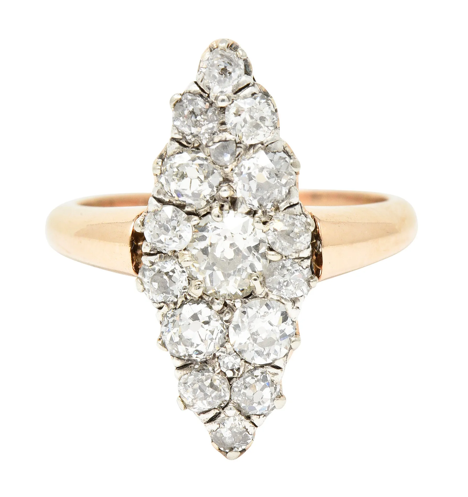 Victorian 1.16 CTW Old European Cut Diamond Platinum-Topped 14 Karat Rose Gold Antique Navette Cluster Ring