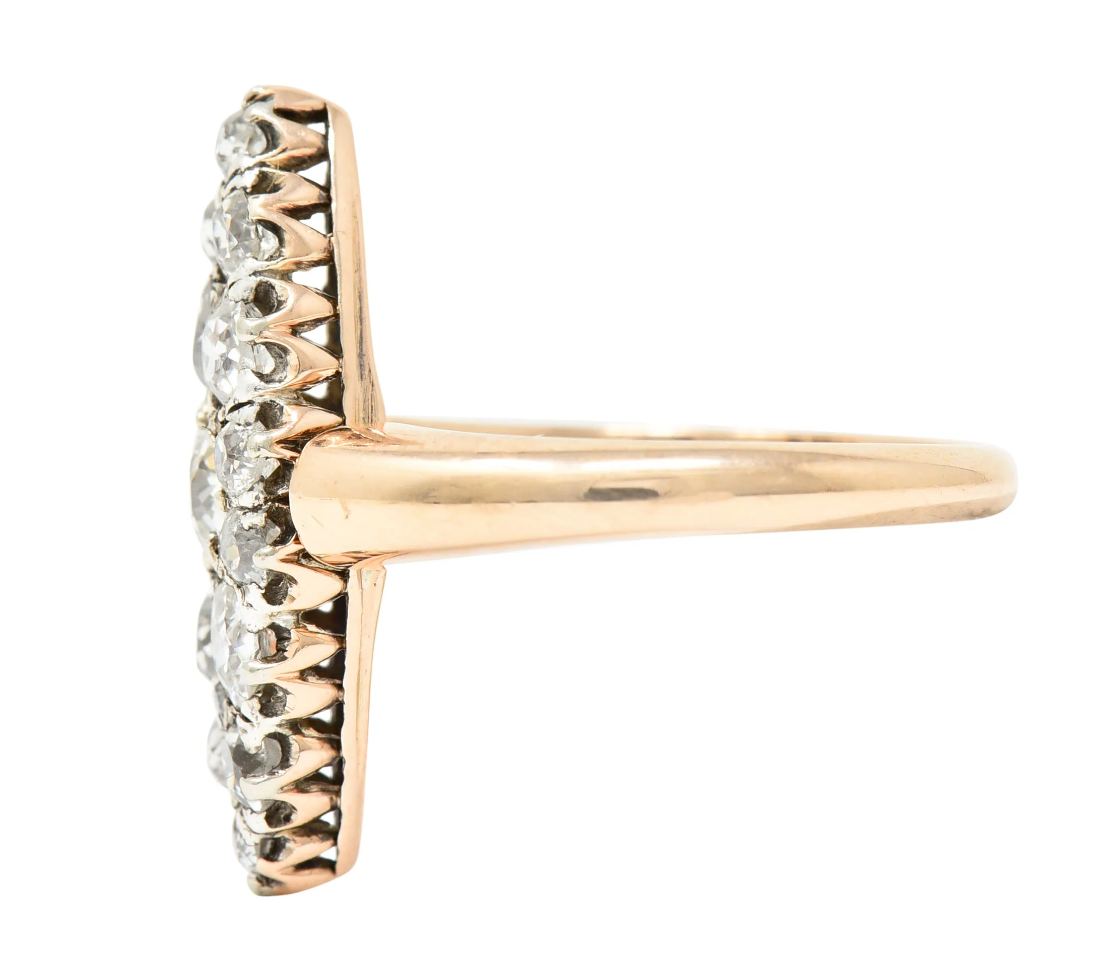Victorian 1.16 CTW Old European Cut Diamond Platinum-Topped 14 Karat Rose Gold Antique Navette Cluster Ring