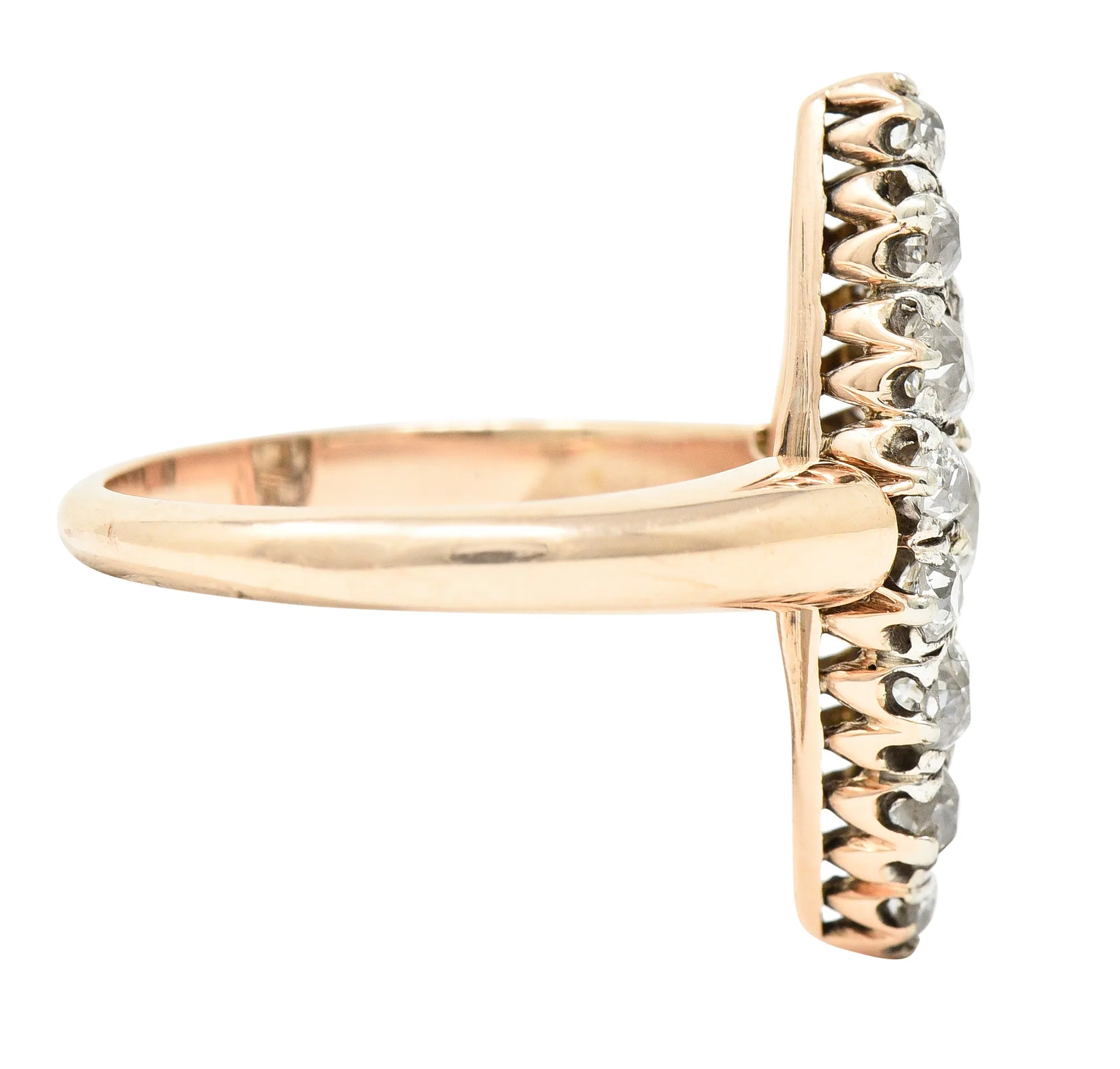 Victorian 1.16 CTW Old European Cut Diamond Platinum-Topped 14 Karat Rose Gold Antique Navette Cluster Ring