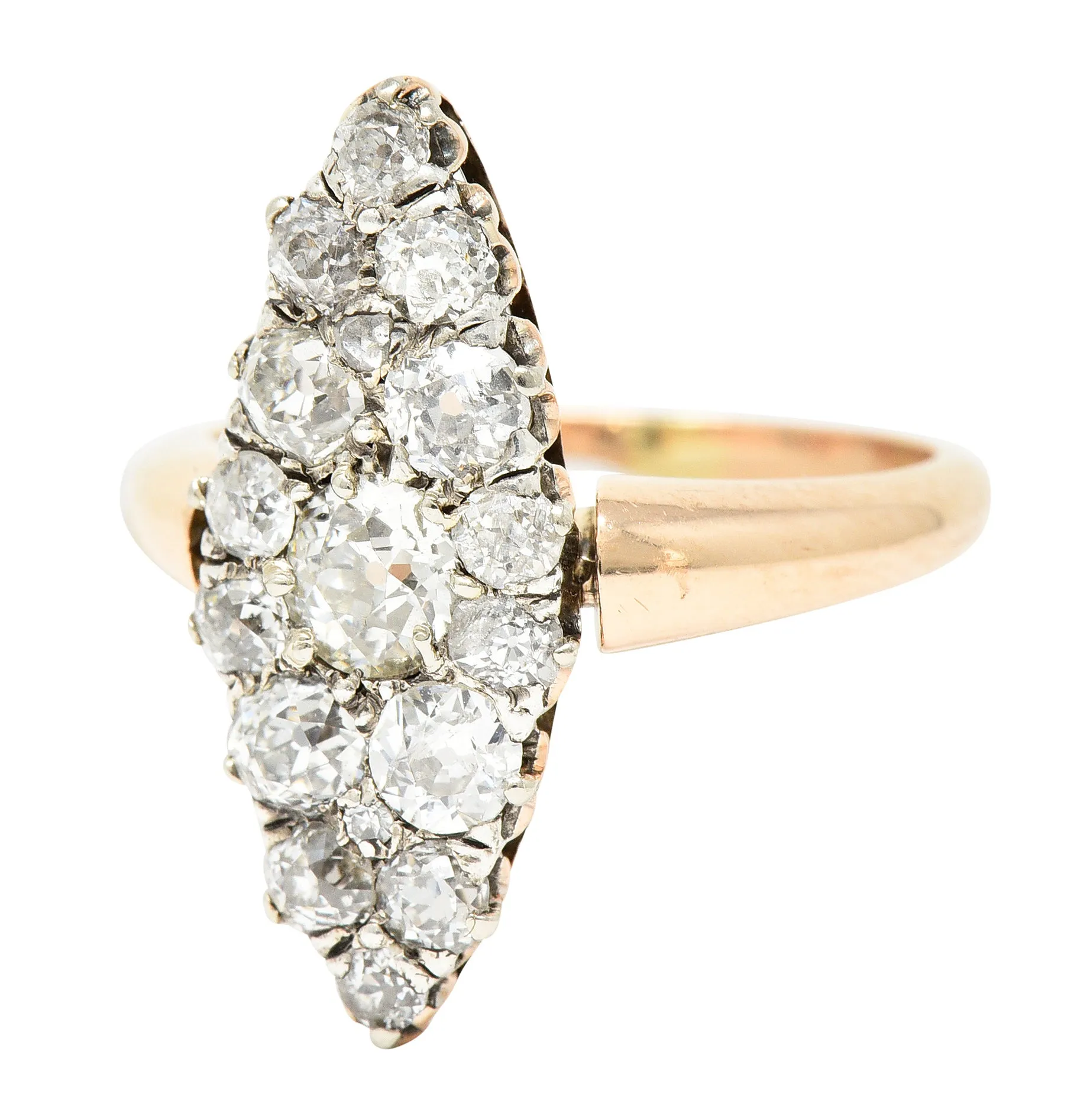 Victorian 1.16 CTW Old European Cut Diamond Platinum-Topped 14 Karat Rose Gold Antique Navette Cluster Ring