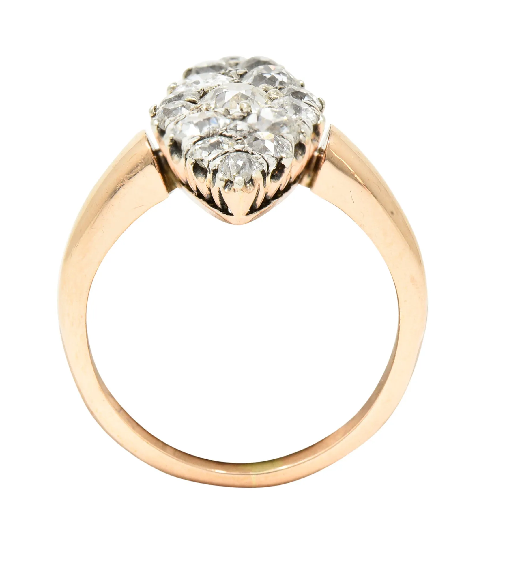 Victorian 1.16 CTW Old European Cut Diamond Platinum-Topped 14 Karat Rose Gold Antique Navette Cluster Ring