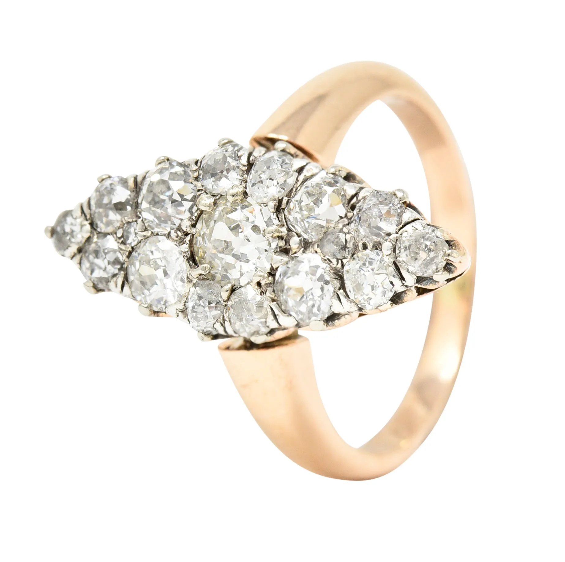 Victorian 1.16 CTW Old European Cut Diamond Platinum-Topped 14 Karat Rose Gold Antique Navette Cluster Ring