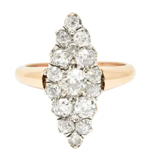 Victorian 1.16 CTW Old European Cut Diamond Platinum-Topped 14 Karat Rose Gold Antique Navette Cluster Ring