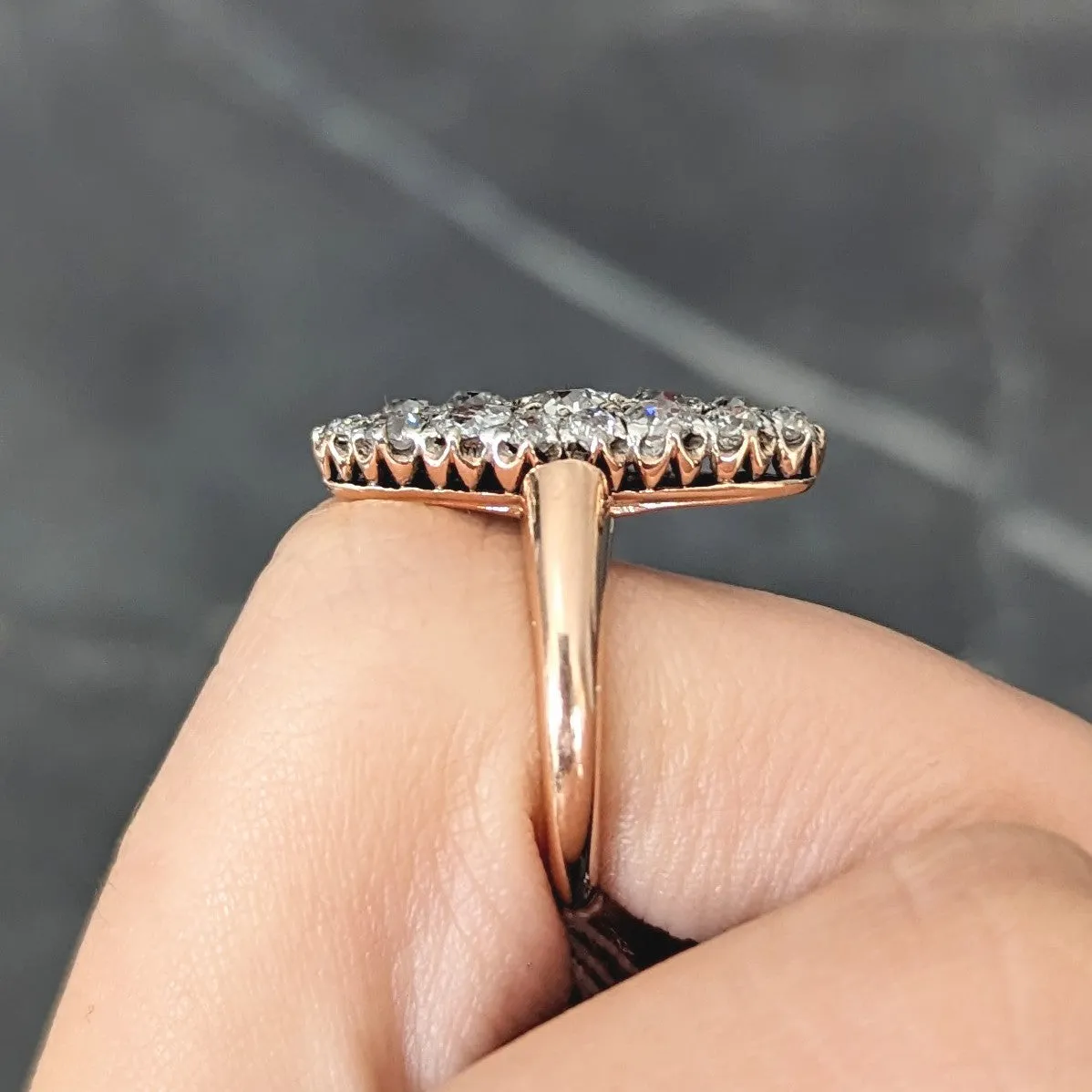 Victorian 1.16 CTW Old European Cut Diamond Platinum-Topped 14 Karat Rose Gold Antique Navette Cluster Ring