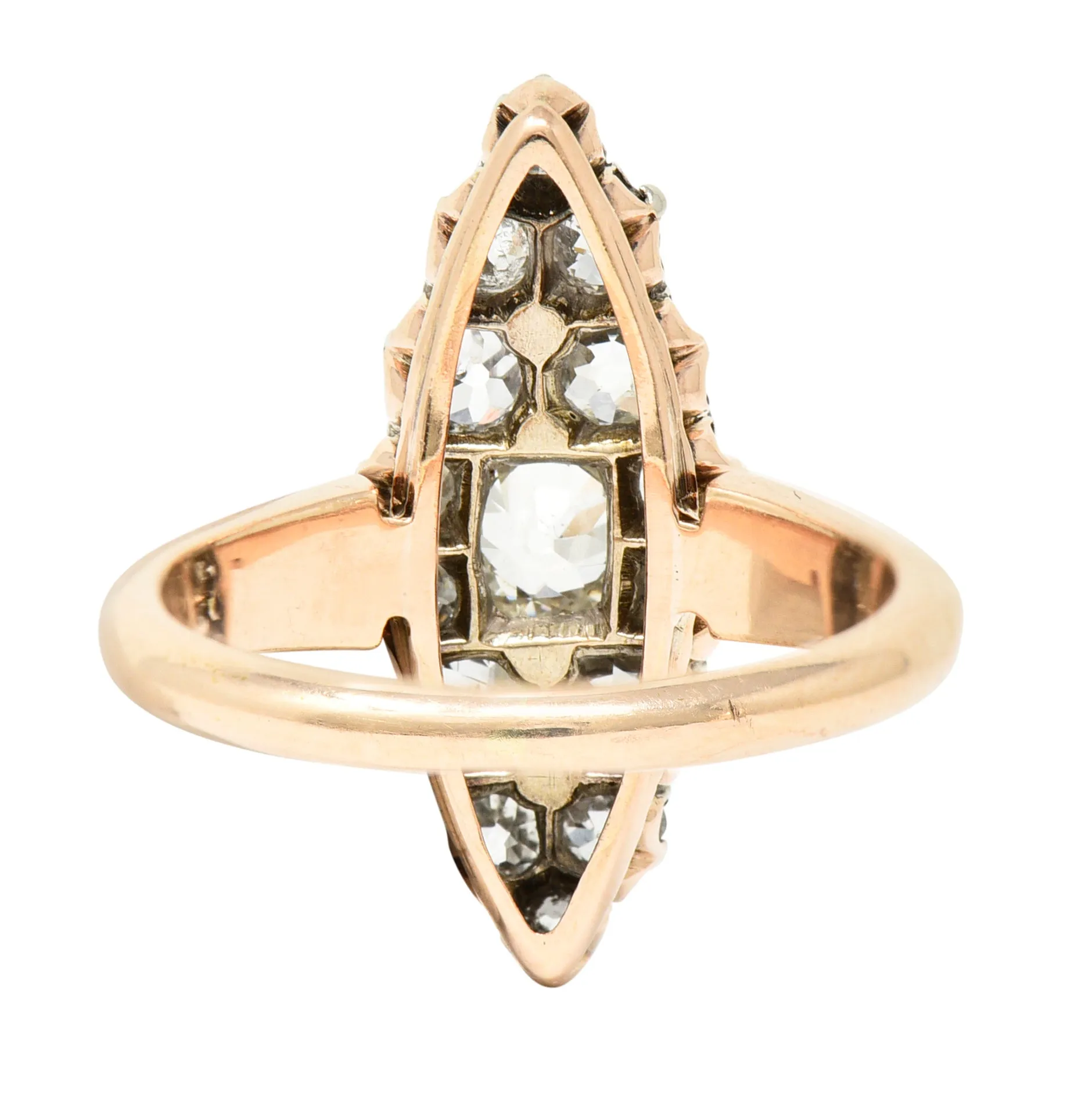 Victorian 1.16 CTW Old European Cut Diamond Platinum-Topped 14 Karat Rose Gold Antique Navette Cluster Ring