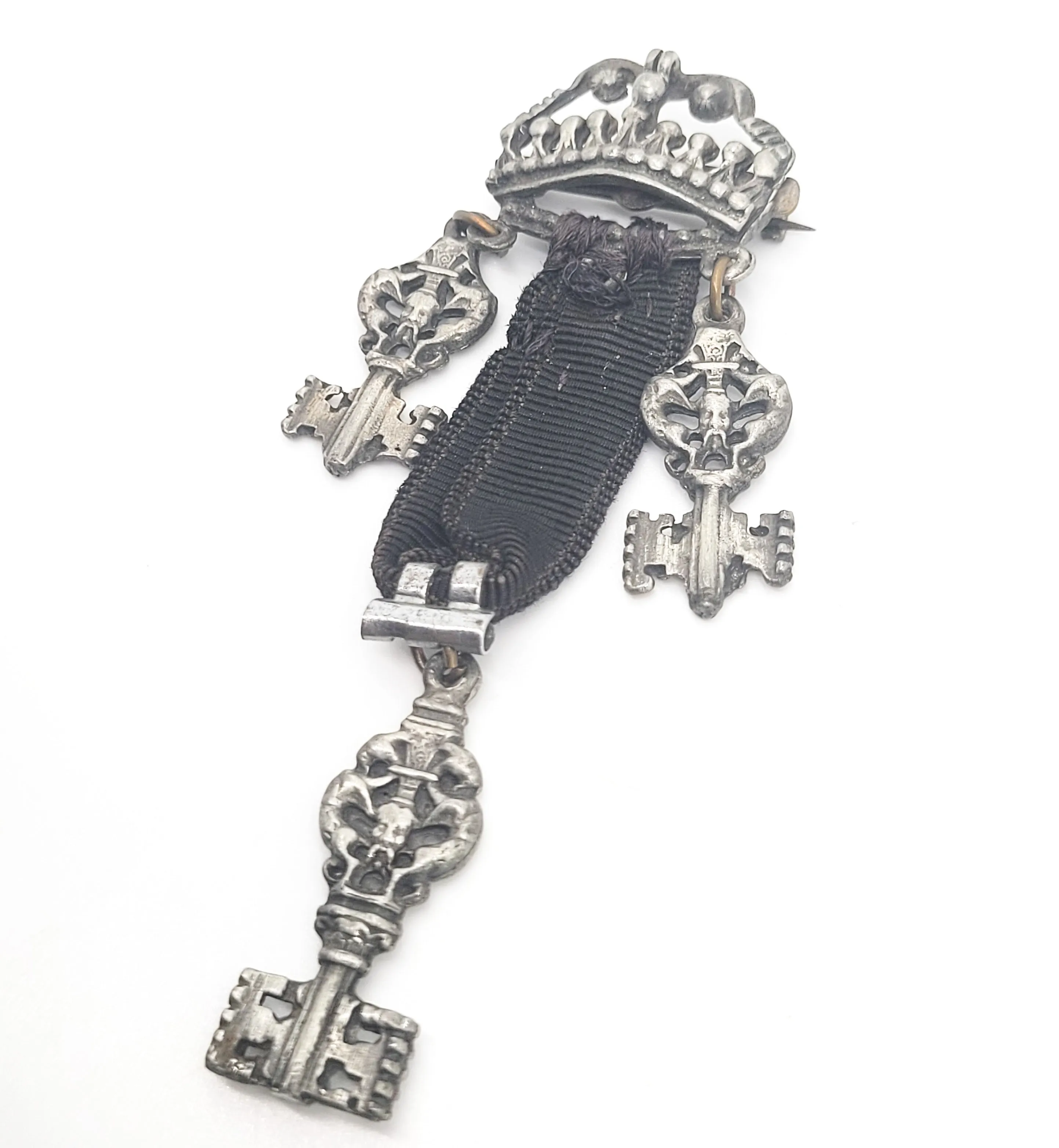 Victorian Crown and skull key antique sterling silver ribbon charm brooch