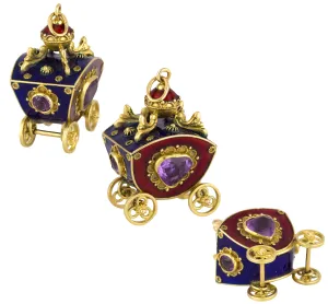 Victorian Etruscan 18K Yellow Gold Enamel Gemstone Carriage FOB Pendant Charm