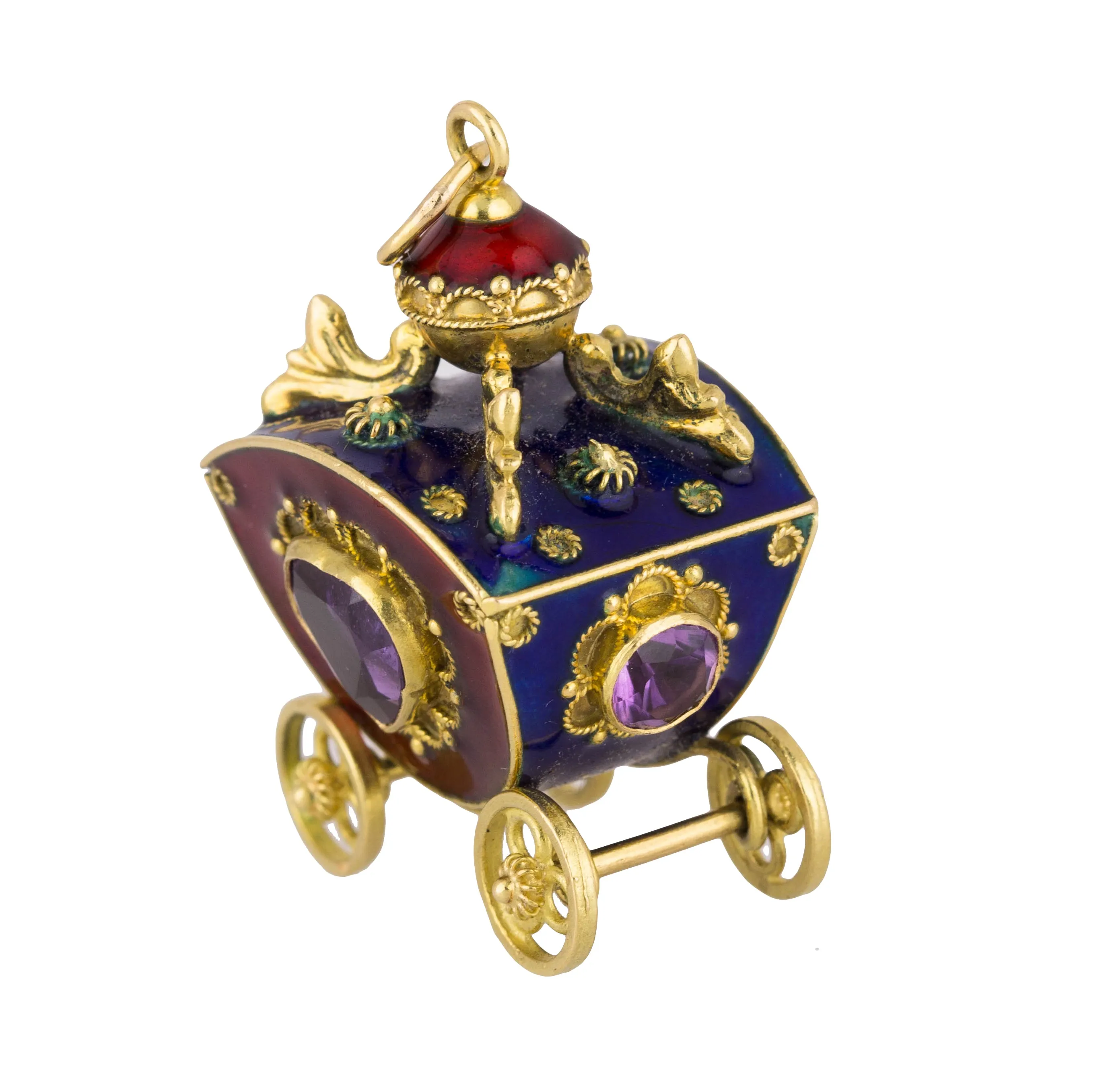 Victorian Etruscan 18K Yellow Gold Enamel Gemstone Carriage FOB Pendant Charm