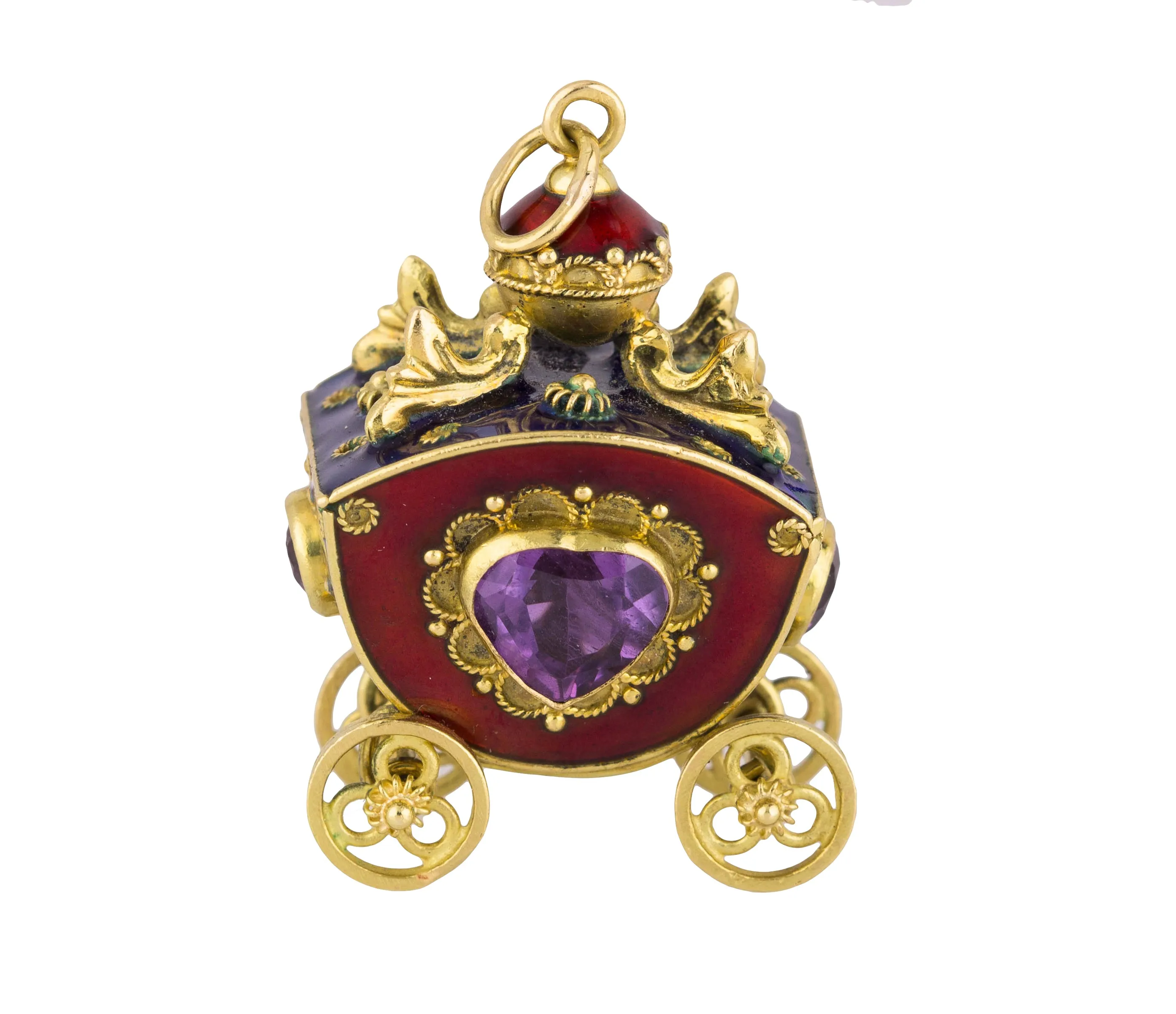 Victorian Etruscan 18K Yellow Gold Enamel Gemstone Carriage FOB Pendant Charm