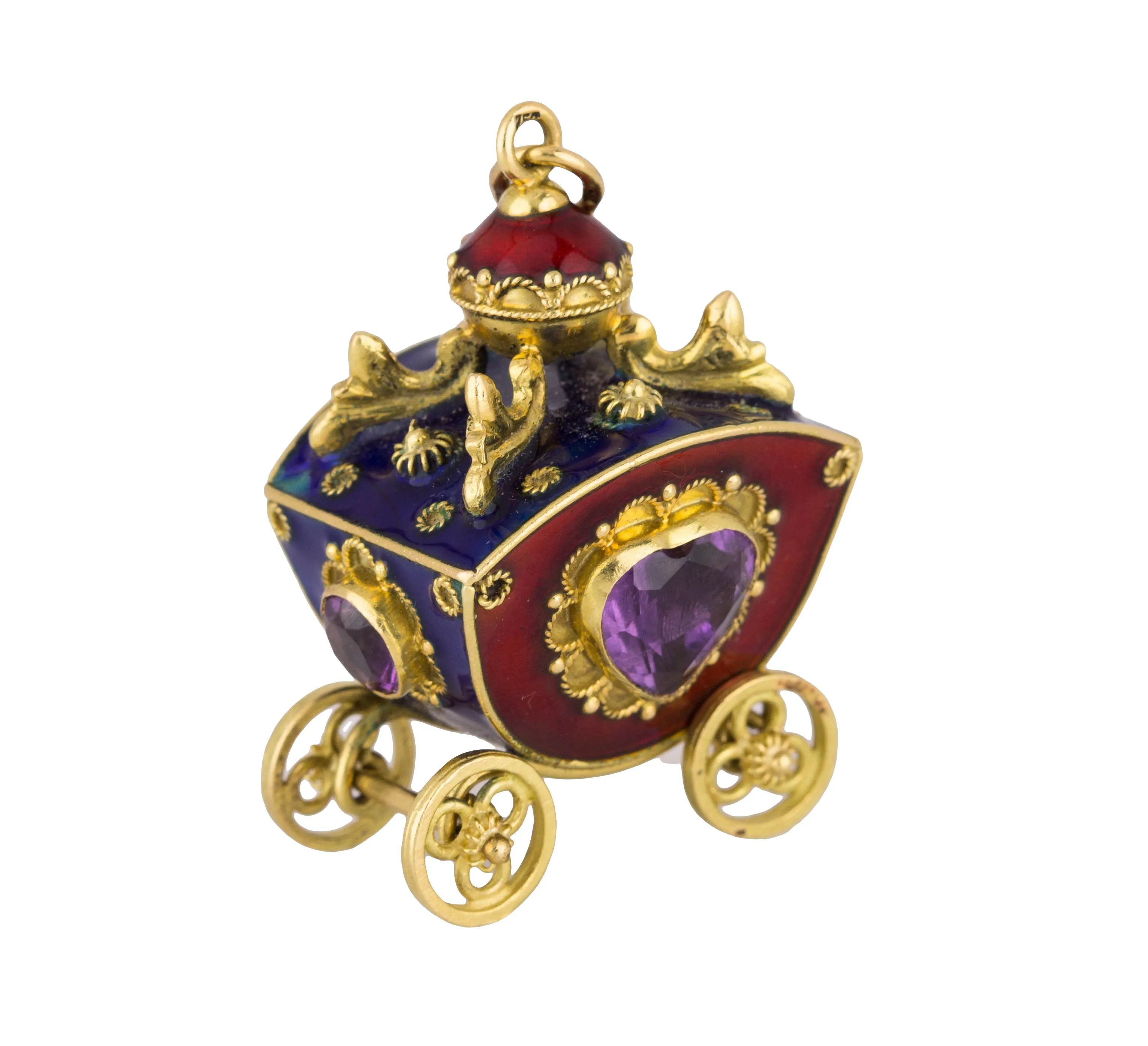 Victorian Etruscan 18K Yellow Gold Enamel Gemstone Carriage FOB Pendant Charm