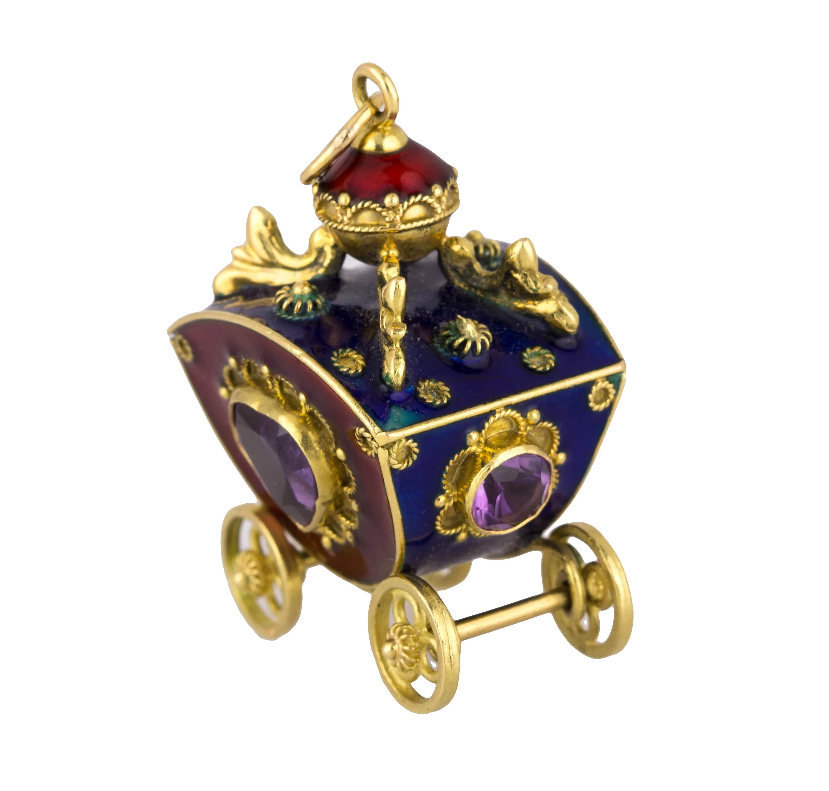Victorian Etruscan 18K Yellow Gold Enamel Gemstone Carriage FOB Pendant Charm