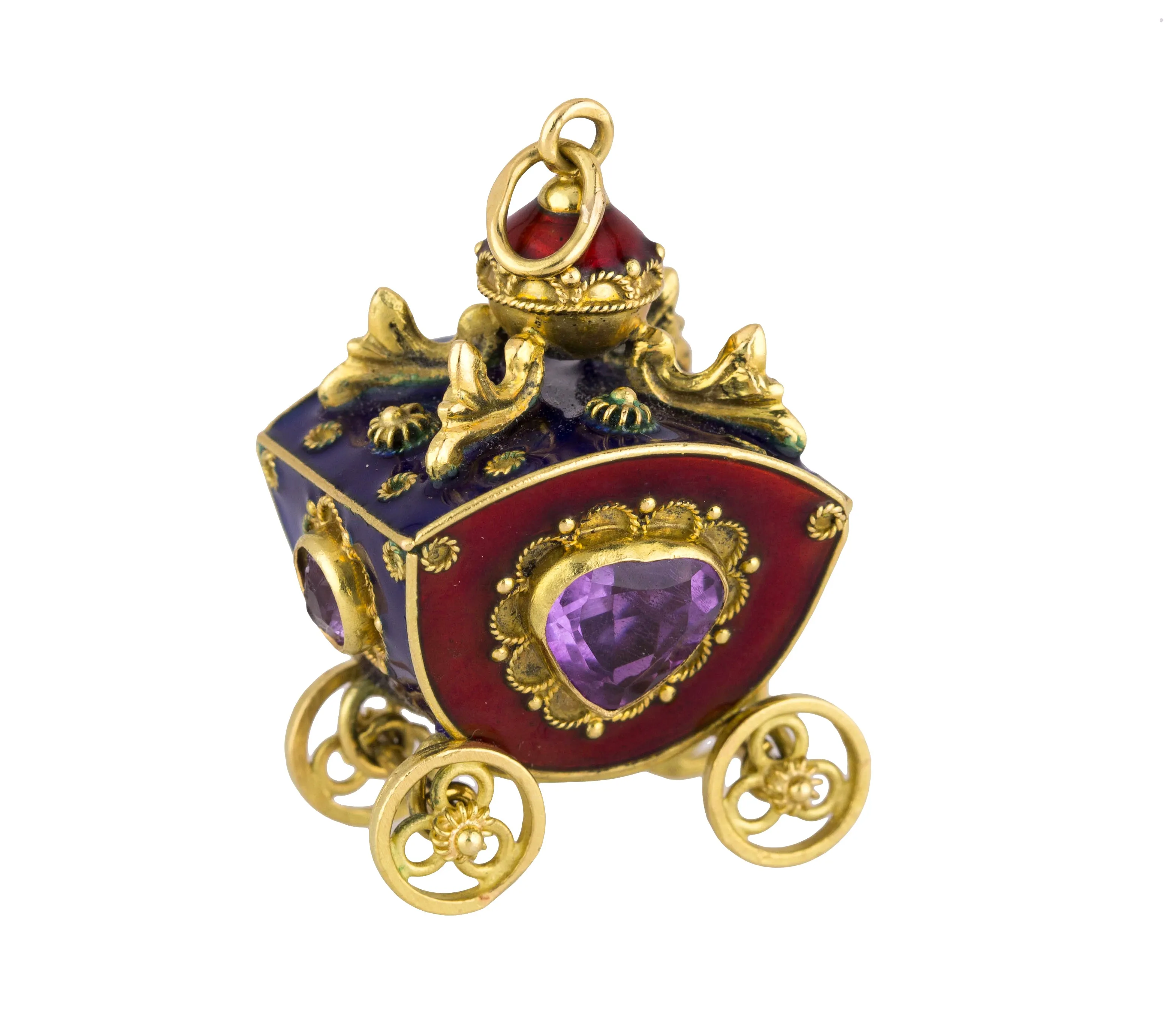 Victorian Etruscan 18K Yellow Gold Enamel Gemstone Carriage FOB Pendant Charm