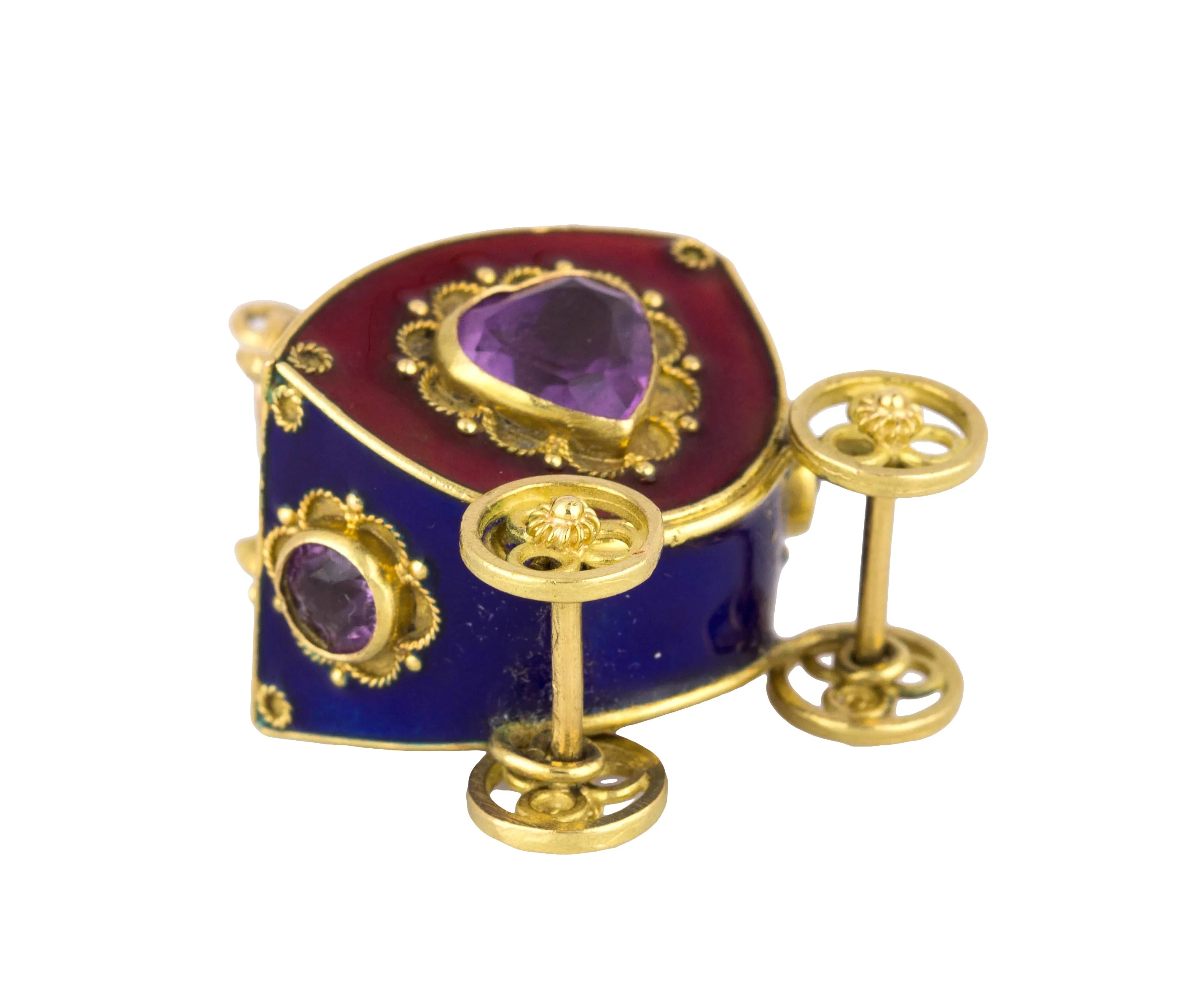 Victorian Etruscan 18K Yellow Gold Enamel Gemstone Carriage FOB Pendant Charm