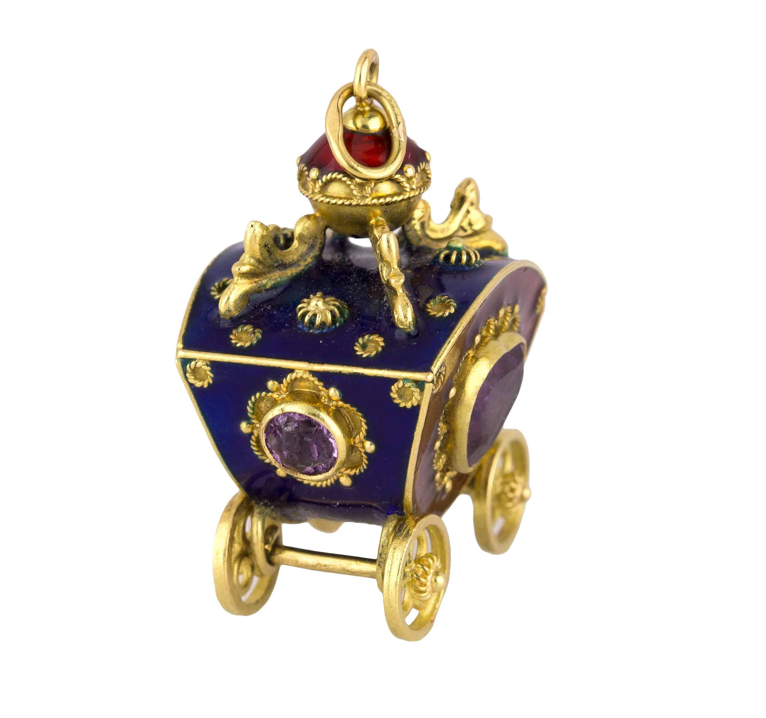 Victorian Etruscan 18K Yellow Gold Enamel Gemstone Carriage FOB Pendant Charm