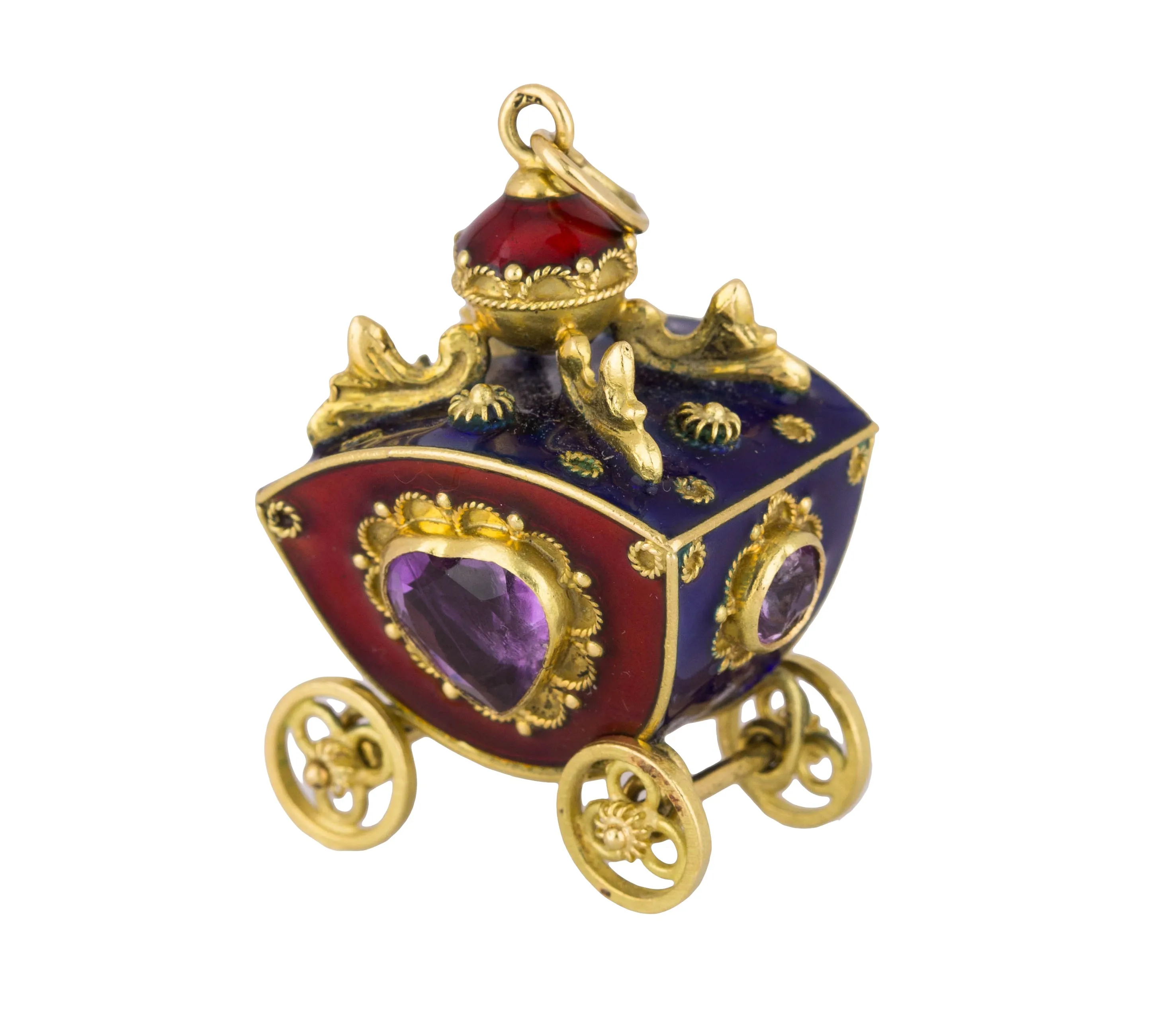 Victorian Etruscan 18K Yellow Gold Enamel Gemstone Carriage FOB Pendant Charm