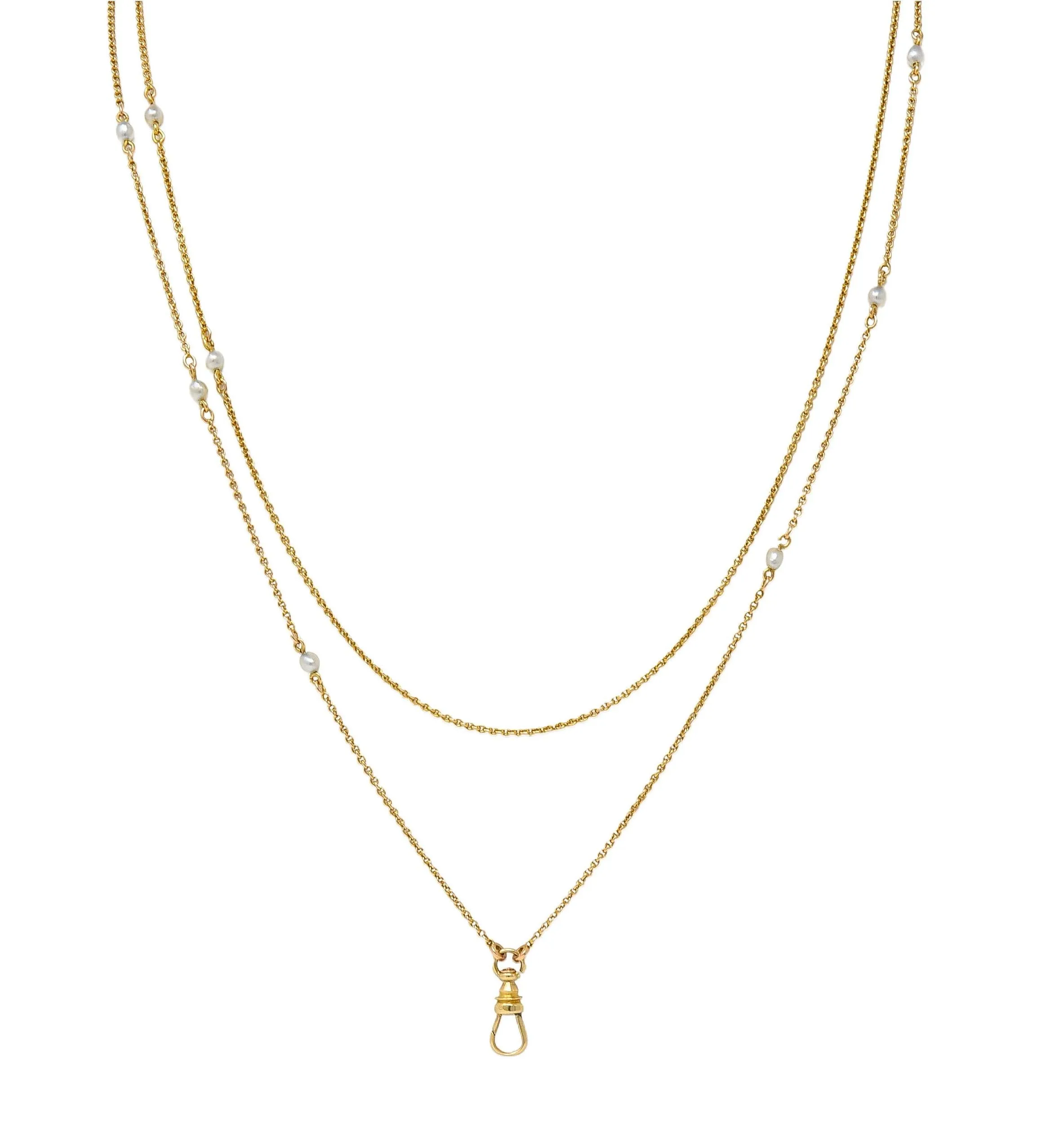 Victorian Pearl 14 Karat Yellow Gold Antique Station Fob Chain Necklace