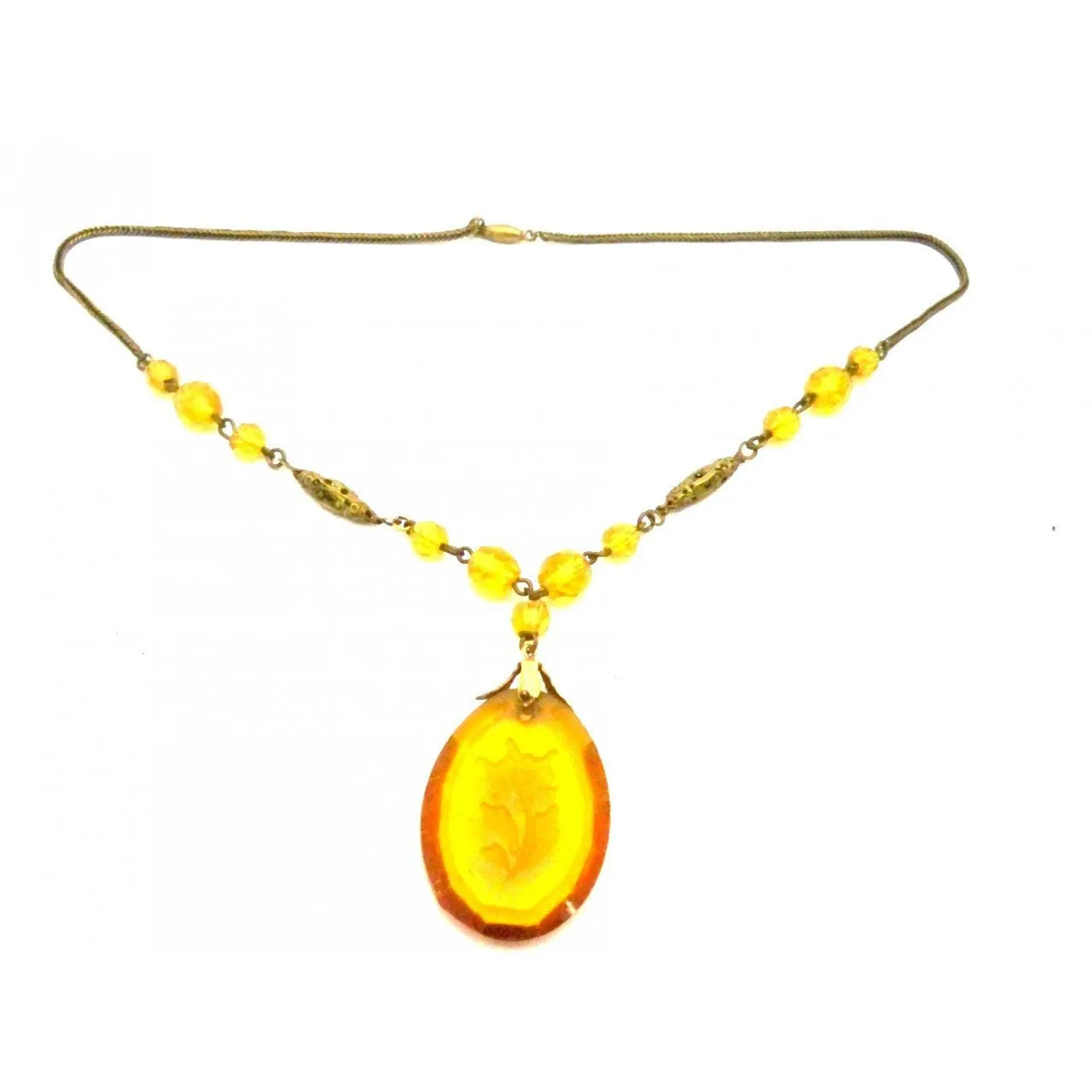 Vintage Amber Glass & Brass Necklace Downton Abbey 1920s Era