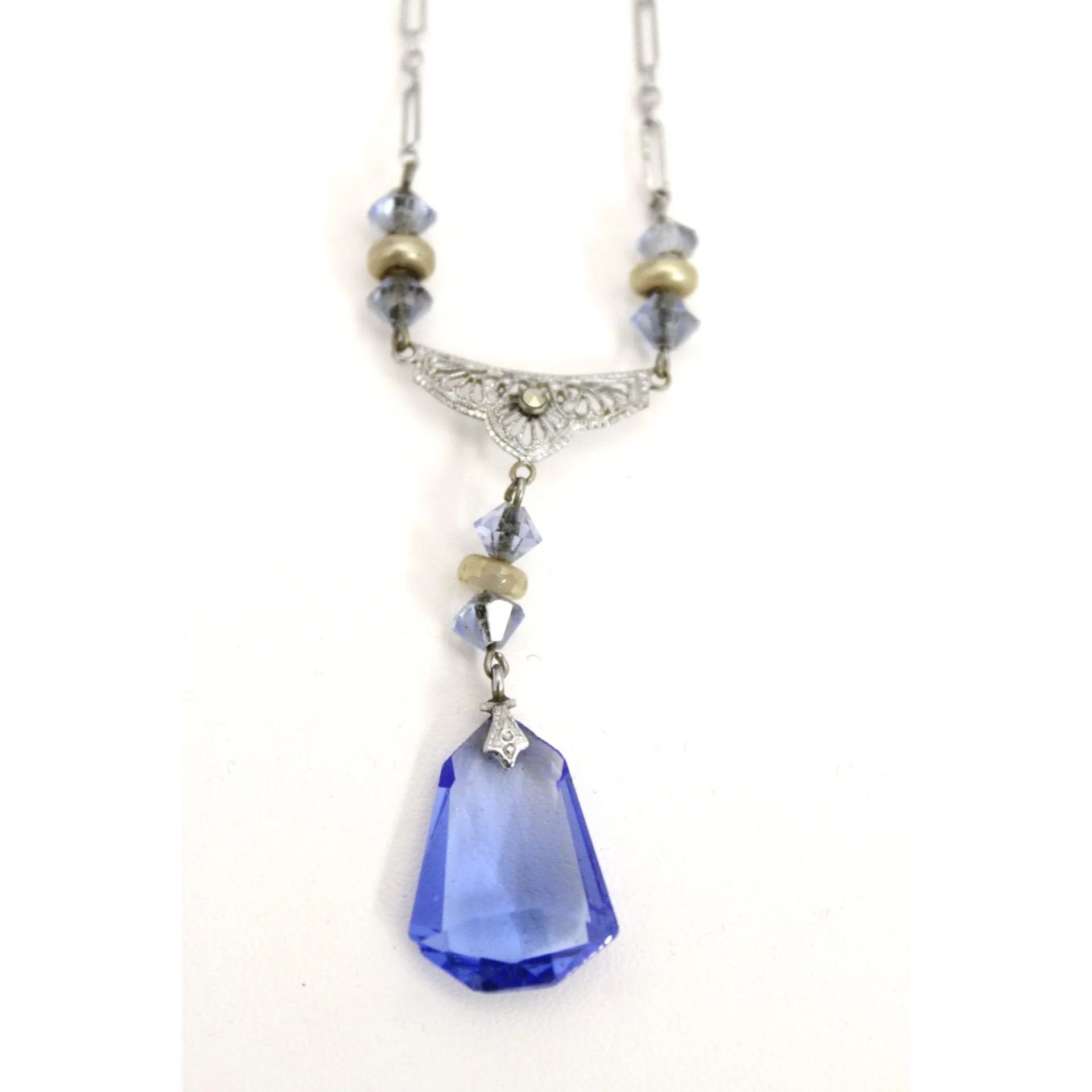 Vintage Art Deco Blue Glass Necklace Pendant Drop White Metal Gatsby 16" Downton Abbey