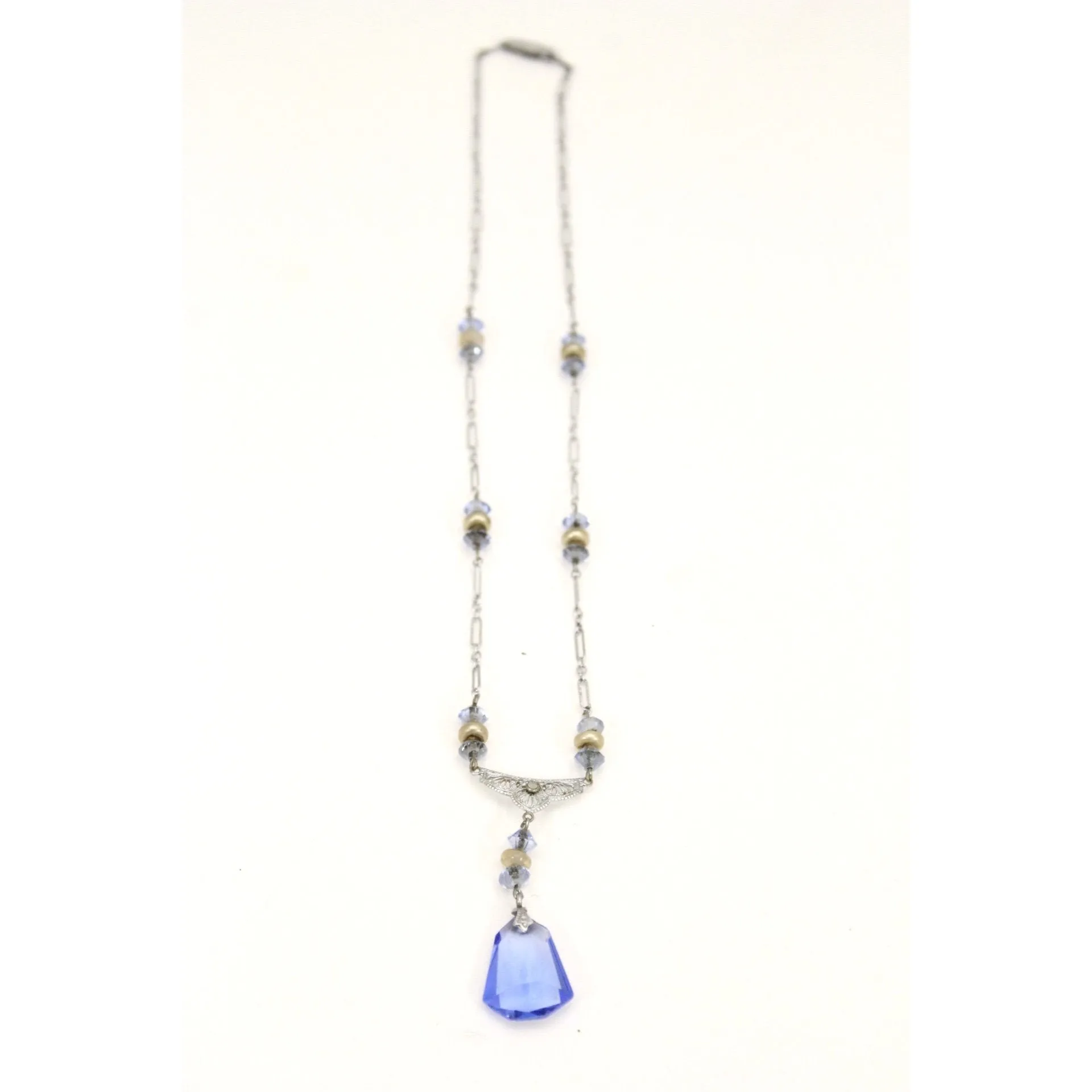 Vintage Art Deco Blue Glass Necklace Pendant Drop White Metal Gatsby 16" Downton Abbey