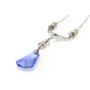 Vintage Art Deco Blue Glass Necklace Pendant Drop White Metal Gatsby 16" Downton Abbey