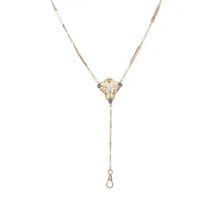 Vintage Art Deco Watch Chain 23.5" Necklace Diamond Sapphire 10k Rose Gold