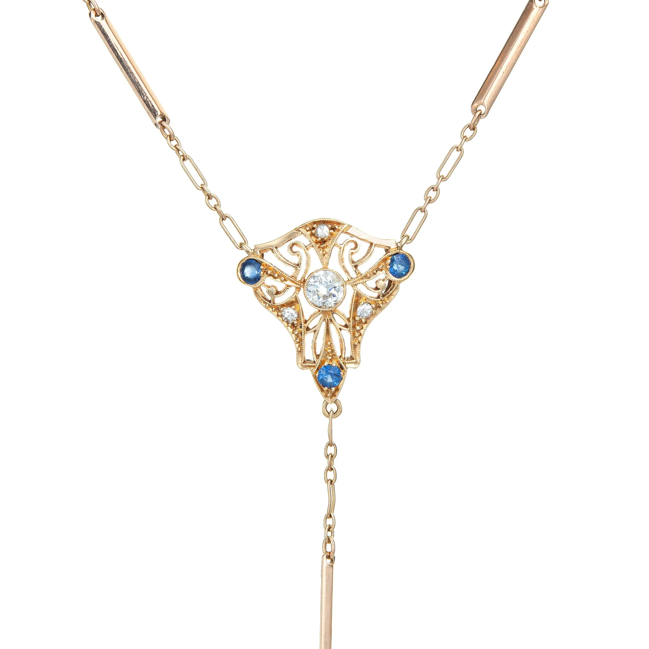 Vintage Art Deco Watch Chain 23.5" Necklace Diamond Sapphire 10k Rose Gold