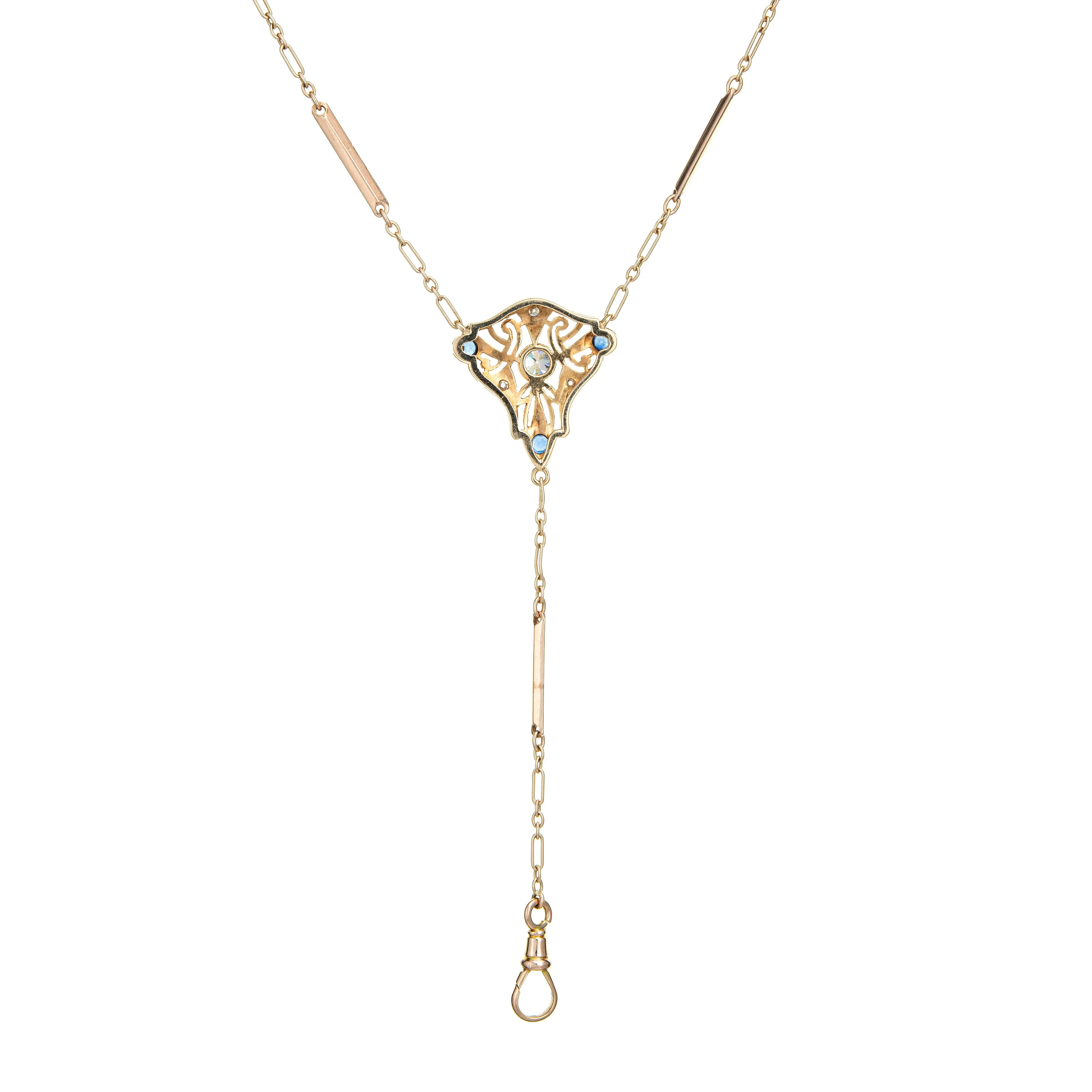 Vintage Art Deco Watch Chain 23.5" Necklace Diamond Sapphire 10k Rose Gold