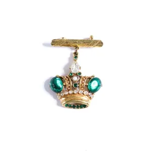 Vintage Gold Crown Brooch with Green Rhinestones