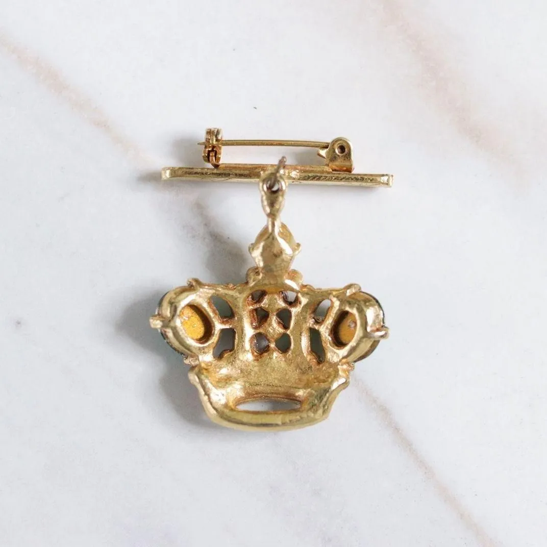 Vintage Gold Crown Brooch with Green Rhinestones