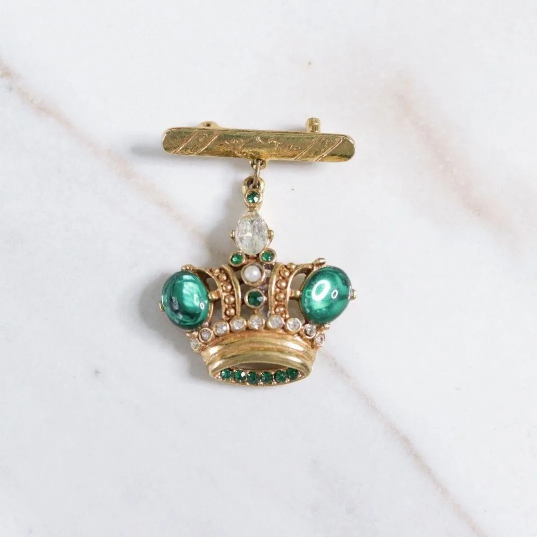Vintage Gold Crown Brooch with Green Rhinestones