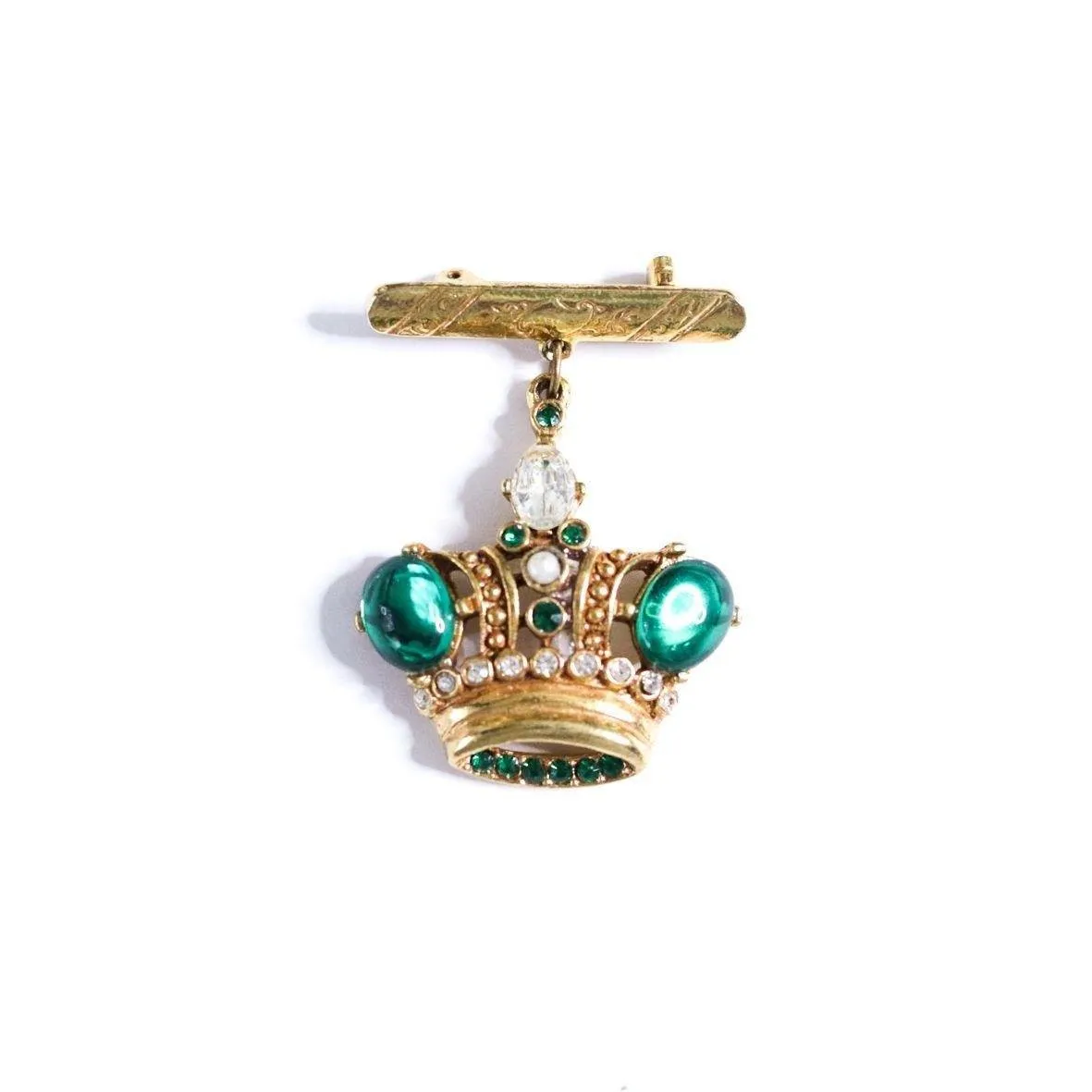 Vintage Gold Crown Brooch with Green Rhinestones