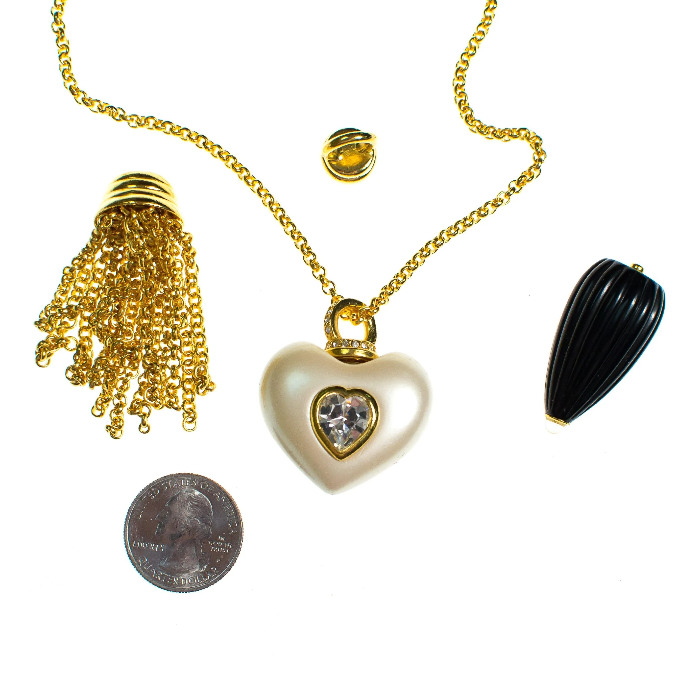 Vintage Joan Rivers Interchangeable Pendant Set Heart, Gold Tassel, Black Fob