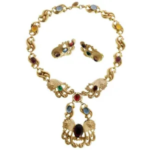 Vintage Miriam Haskell Necklace & Earring Set Demi-Parure Colorful Cabochon