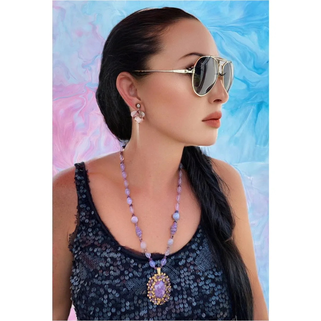 Vintage Miriam Haskell Necklace Demi Parure Purple Poured Glass Moonstone