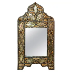 Vintage Moroccan Hand Made Arched Vanity or Wall Mirror with Brass Inlay