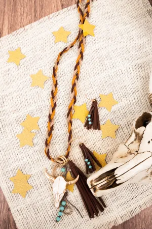 White Trailblazer Steer Brown Braided Necklace and Earring Set