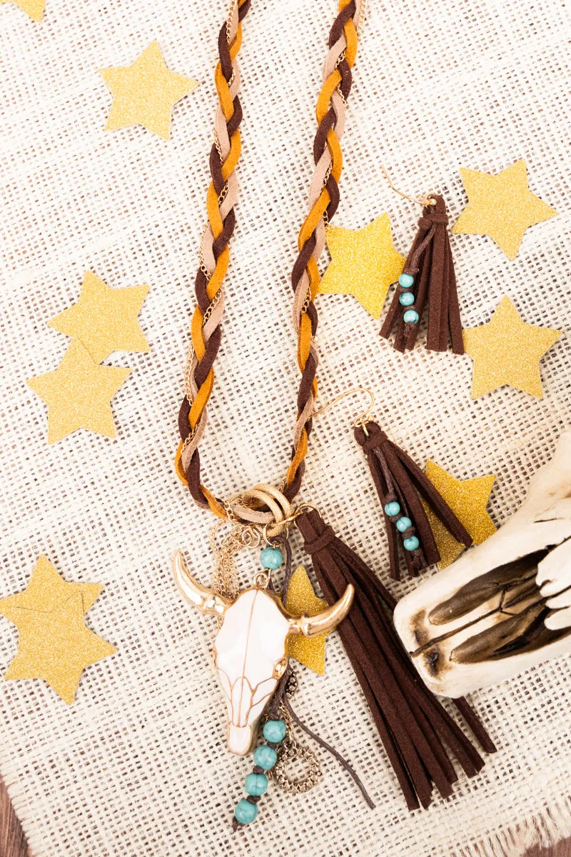 White Trailblazer Steer Brown Braided Necklace and Earring Set