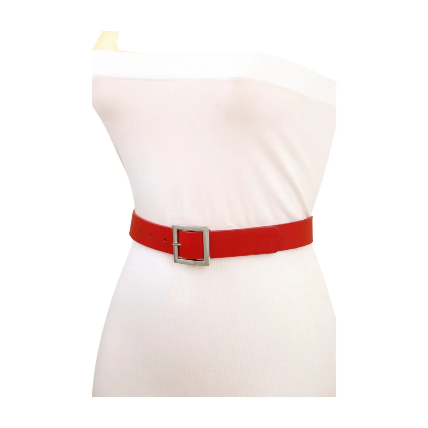 Women Red Faux Leather Skinny Hip Waist Belt Silver Square Metal Buckle S M