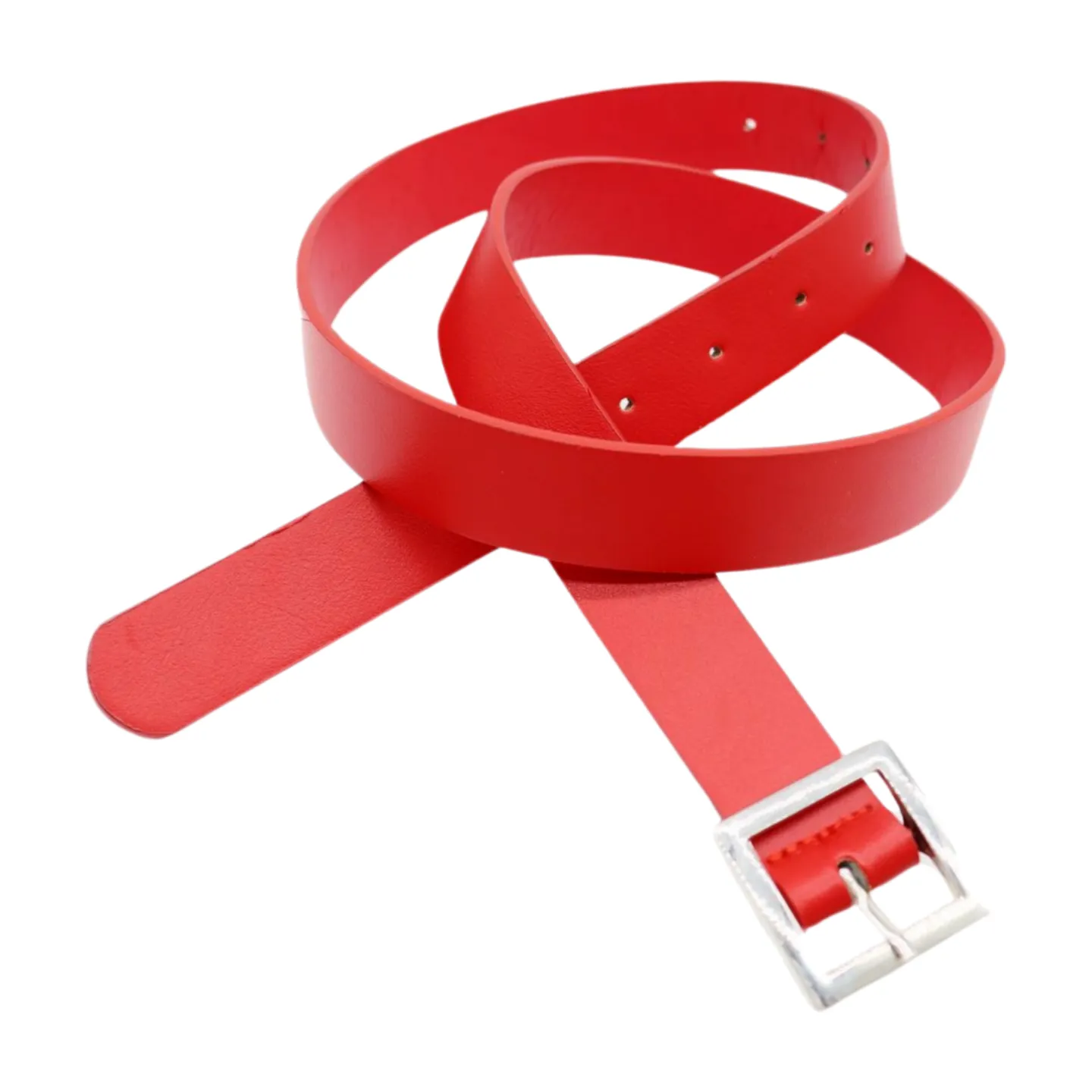 Women Red Faux Leather Skinny Hip Waist Belt Silver Square Metal Buckle S M