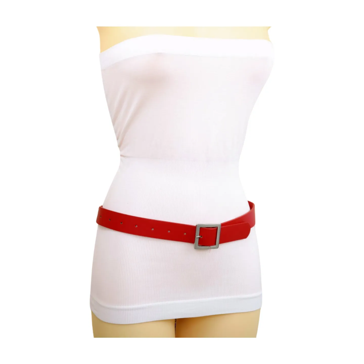 Women Red Faux Leather Skinny Hip Waist Belt Silver Square Metal Buckle S M
