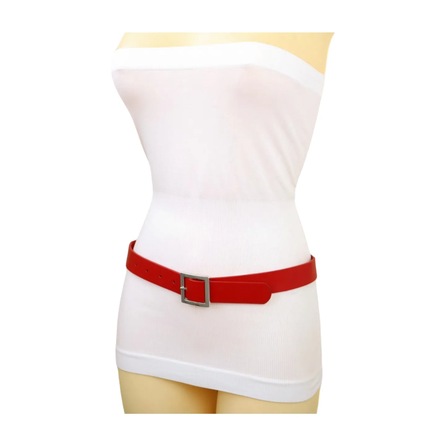 Women Red Faux Leather Skinny Hip Waist Belt Silver Square Metal Buckle S M