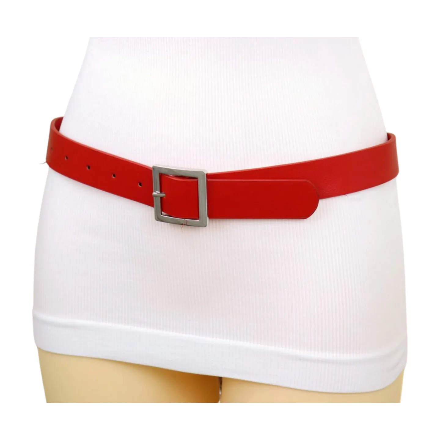 Women Red Faux Leather Skinny Hip Waist Belt Silver Square Metal Buckle S M