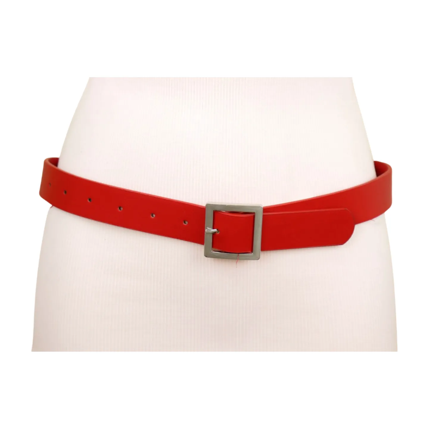 Women Red Faux Leather Skinny Hip Waist Belt Silver Square Metal Buckle S M