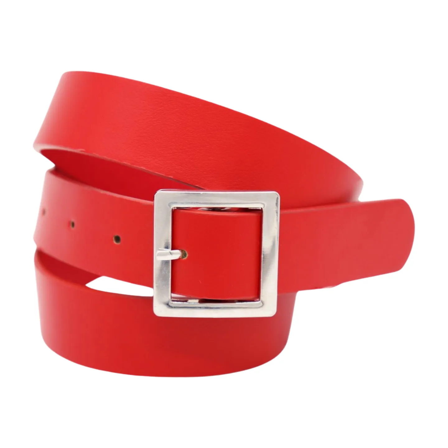 Women Red Faux Leather Skinny Hip Waist Belt Silver Square Metal Buckle S M