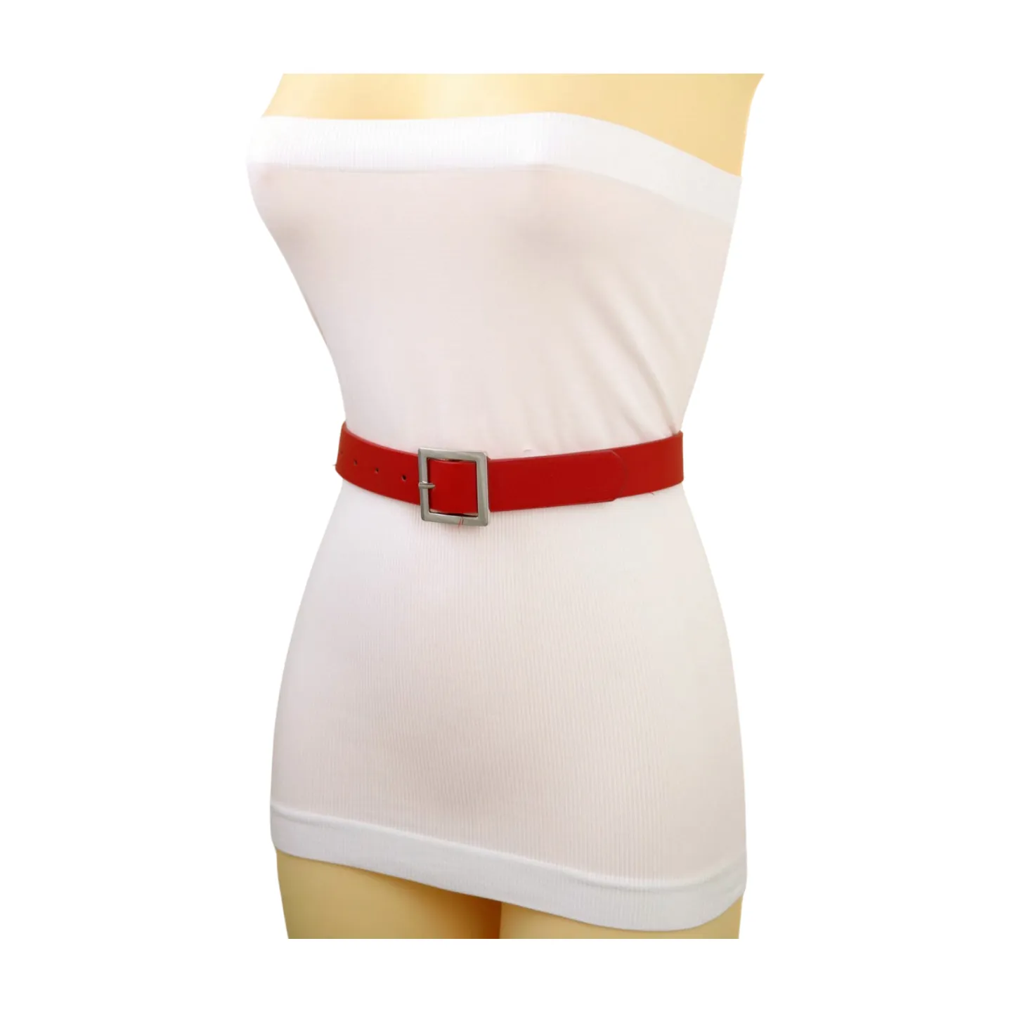 Women Red Faux Leather Skinny Hip Waist Belt Silver Square Metal Buckle S M
