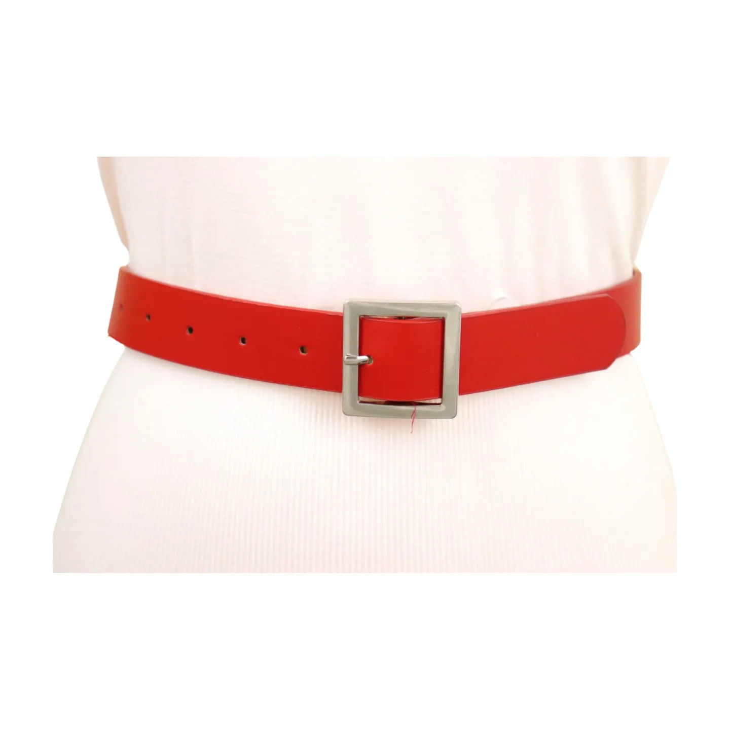Women Red Faux Leather Skinny Hip Waist Belt Silver Square Metal Buckle S M